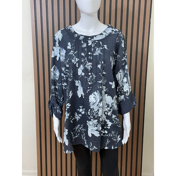 Soft Surroundings Tuberosa Women's 1X Gray Blouse Cotton Tunic Floral Summer - Picture 1 of 8